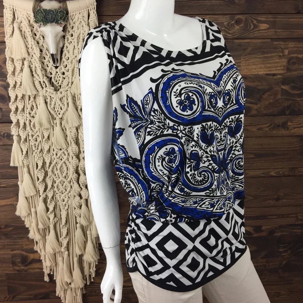 Alfani | Patterned Ruched Drop Waist Open Drape Blouse - Picture 7 of 9